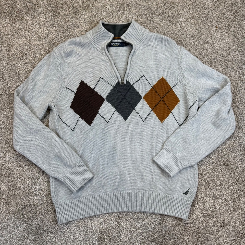 Nautica‎ Mens Argyle Quarter Zip Sweater Gray Cotton Mock Neck Pullover Medium